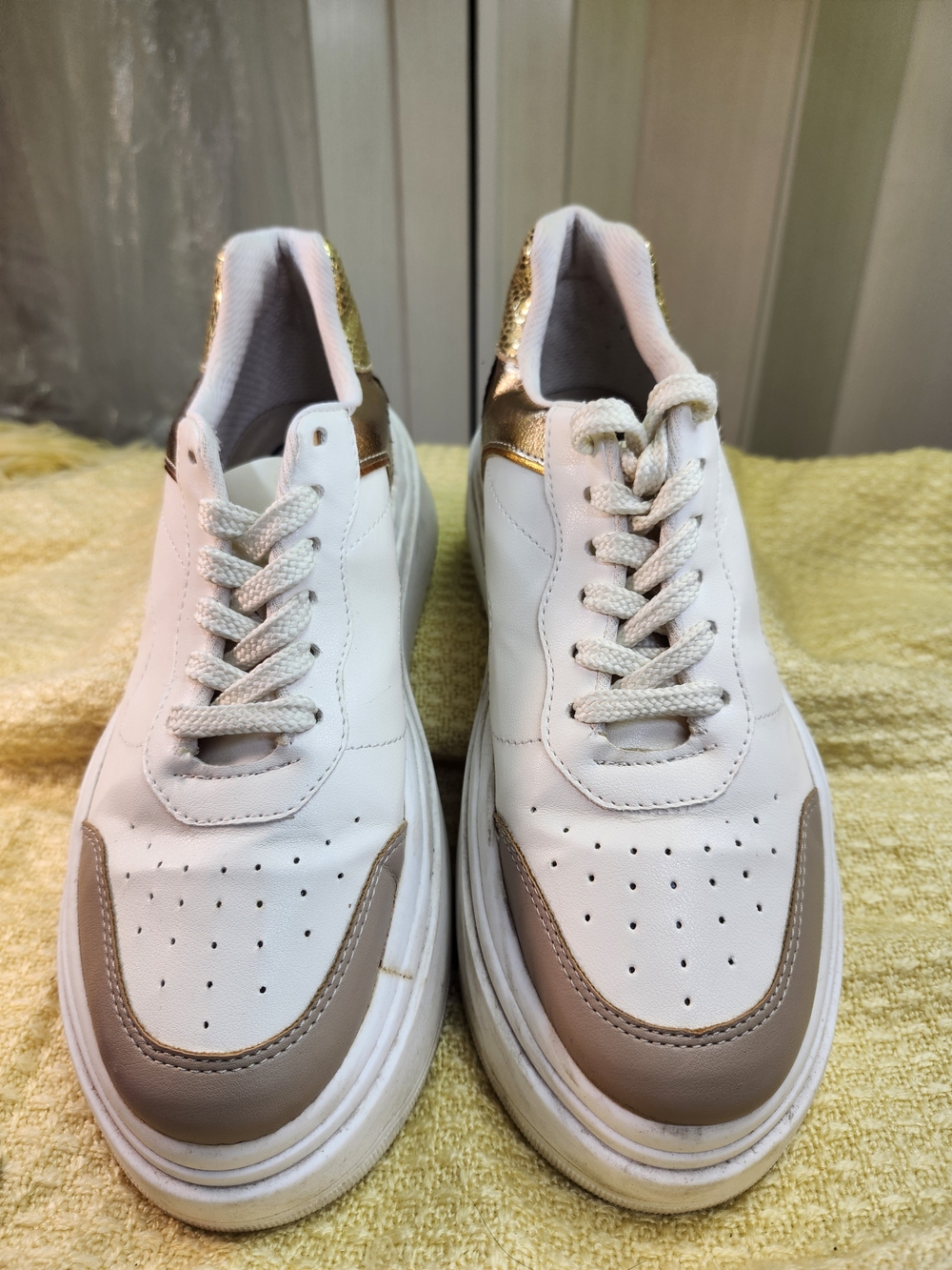 NKS White Leather Sneakers with Gold and Taupe Accents